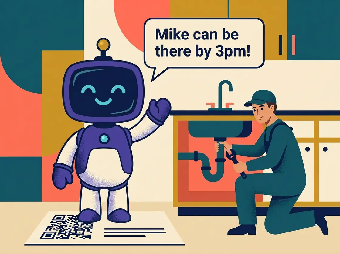 A plumber fixes the pipes under a sink while the robot stands on his business card, next to its QR code, and tells a customer: Mike can be there by 3pm!