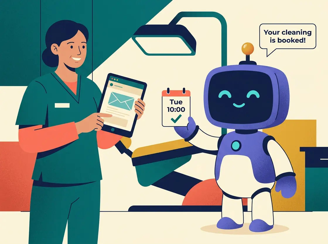 A dentist holds a tablet showing an email while the robot beside her holds up a calendar card for Tuesday at 10:00 and says: Your cleaning is booked!