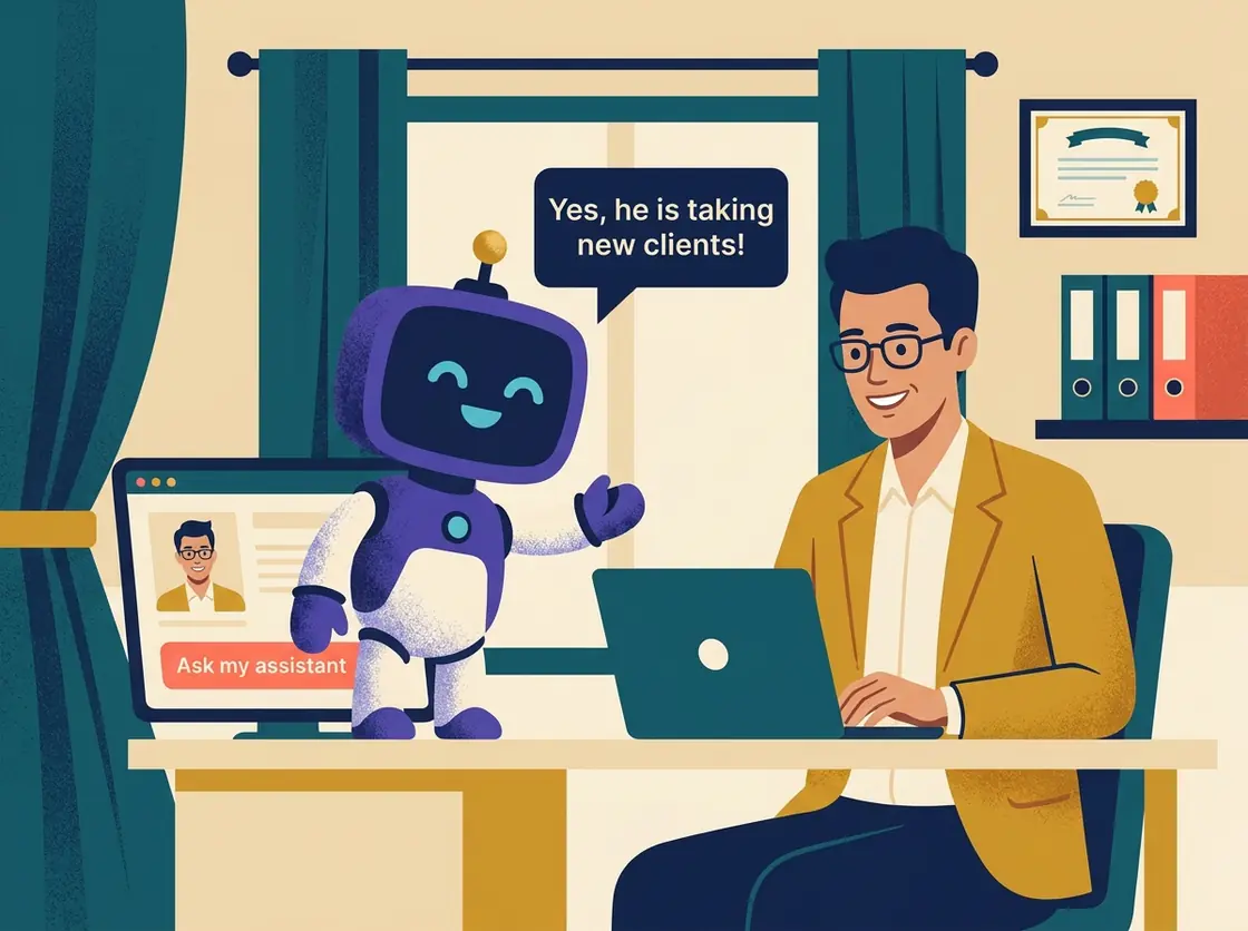 An accountant works at his desk; the robot stands beside his screen, which shows his profile with an Ask my assistant button, and says: Yes, he is taking new clients!