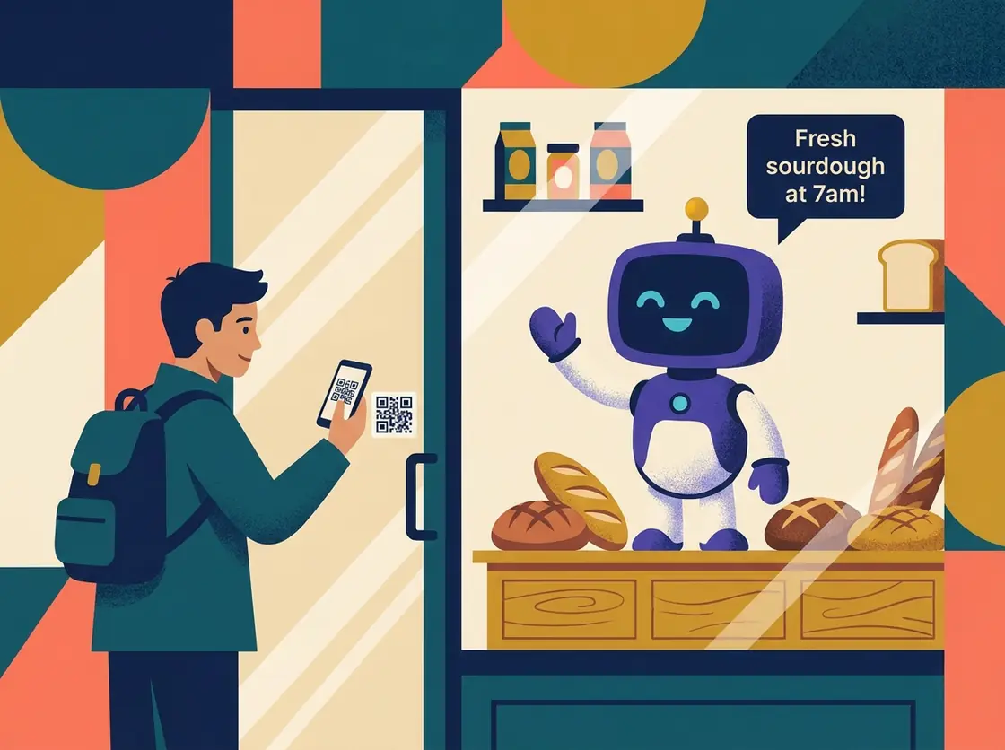 A customer scans a QR code on a bakery door while the robot waves from the display counter in the window and says: Fresh sourdough at 7am!