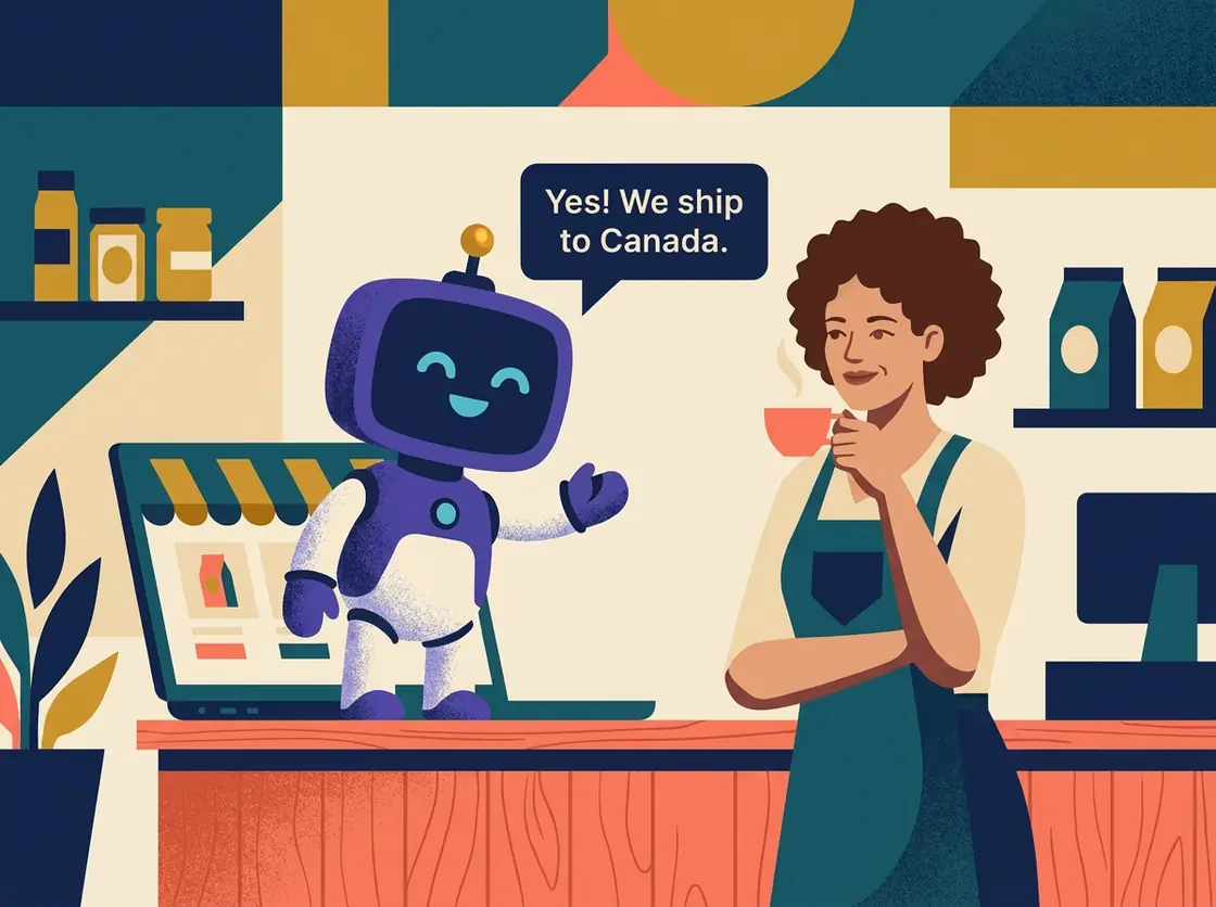 A shop owner sips her coffee while the robot stands on the counter beside her laptop's online store and tells a customer: Yes! We ship to Canada.